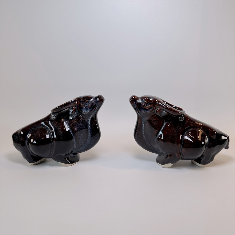 VTG Bulls‎ Set of 2 Ceramic Pottery Chinese Glazed Brown Patina Art Decor